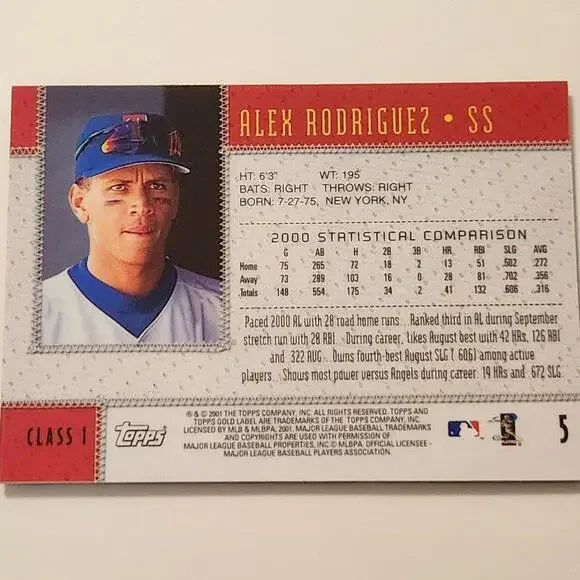2001 Topps Gold Label Class 1 #5 Alex Rodriguez Baseball Card - Picture 2 of 3